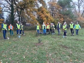 A group of people in yellow vests standing in a forestDescription automatically generated with low confidence