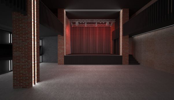 A stage with red curtainDescription automatically generated
