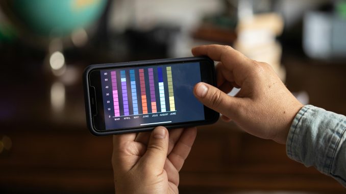 A close up image of a mobile phone screen showing a monthly bar graph.