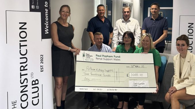 The Construction Club presents Popham Kidney Support with £3,000 cheque.