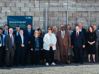 A group of people, including His Excellency Mr Jeremiah Nyamane Mamabolo, High Commissioner of South Africa, at the visit to Aberthaw Power Station.