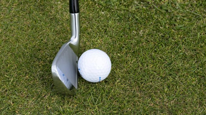 Golf club and ball on grass showcasing a leisure sport scene outdoors.